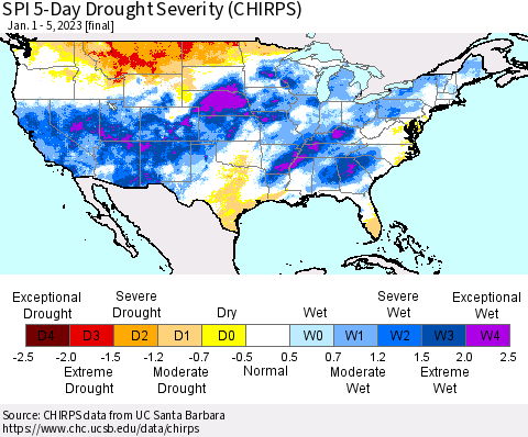 United States SPI 5-Day Drought Severity (CHIRPS) Thematic Map For 1/1/2023 - 1/5/2023