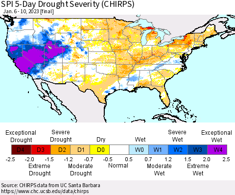 United States SPI 5-Day Drought Severity (CHIRPS) Thematic Map For 1/6/2023 - 1/10/2023