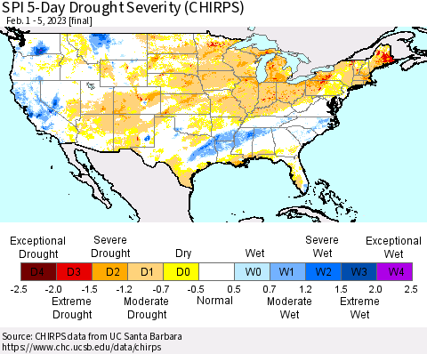 United States SPI 5-Day Drought Severity (CHIRPS) Thematic Map For 2/1/2023 - 2/5/2023