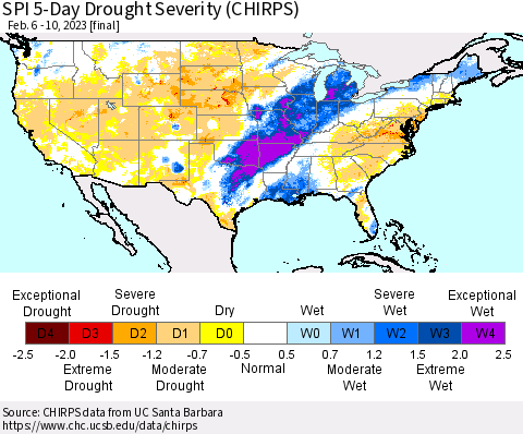 United States SPI 5-Day Drought Severity (CHIRPS) Thematic Map For 2/6/2023 - 2/10/2023