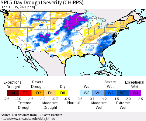 United States SPI 5-Day Drought Severity (CHIRPS) Thematic Map For 2/11/2023 - 2/15/2023