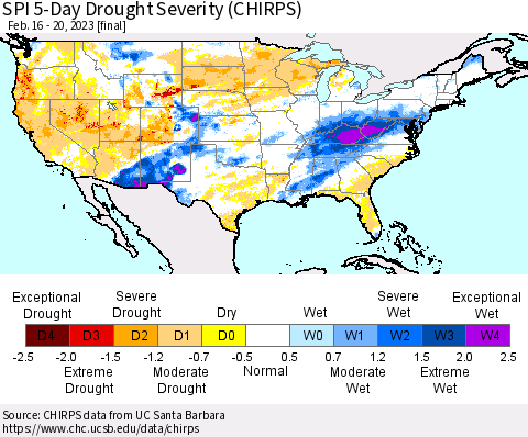 United States SPI 5-Day Drought Severity (CHIRPS) Thematic Map For 2/16/2023 - 2/20/2023