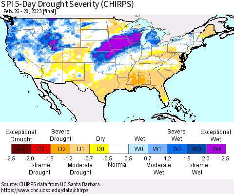 United States SPI 5-Day Drought Severity (CHIRPS) Thematic Map For 2/26/2023 - 2/28/2023