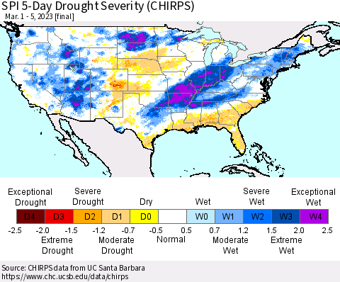 United States SPI 5-Day Drought Severity (CHIRPS) Thematic Map For 3/1/2023 - 3/5/2023