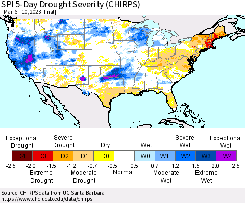 United States SPI 5-Day Drought Severity (CHIRPS) Thematic Map For 3/6/2023 - 3/10/2023