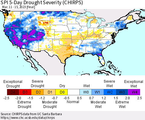 United States SPI 5-Day Drought Severity (CHIRPS) Thematic Map For 3/11/2023 - 3/15/2023