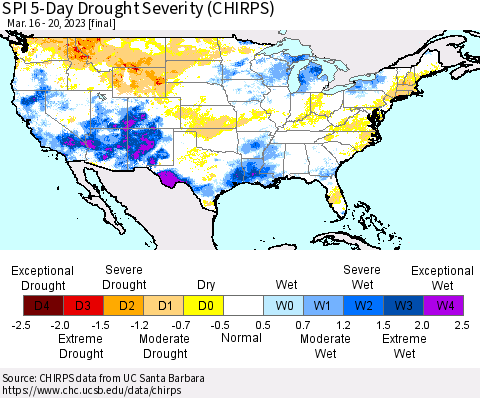 United States SPI 5-Day Drought Severity (CHIRPS) Thematic Map For 3/16/2023 - 3/20/2023