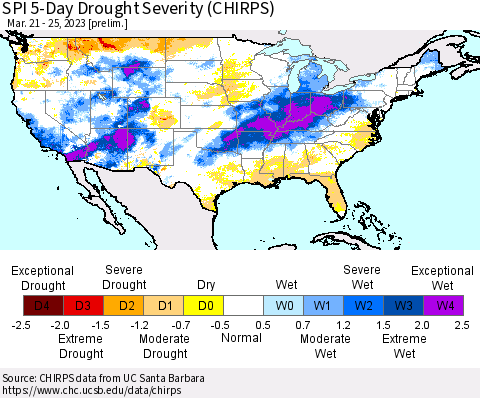 United States SPI 5-Day Drought Severity (CHIRPS) Thematic Map For 3/21/2023 - 3/25/2023