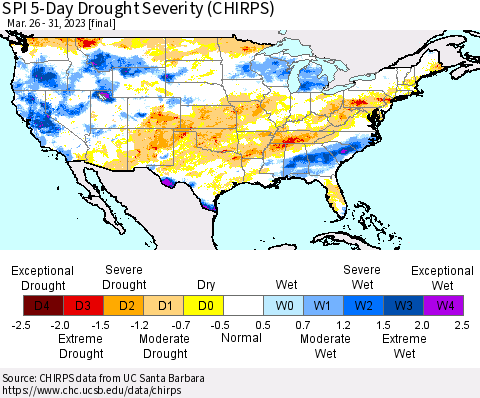 United States SPI 5-Day Drought Severity (CHIRPS) Thematic Map For 3/26/2023 - 3/31/2023
