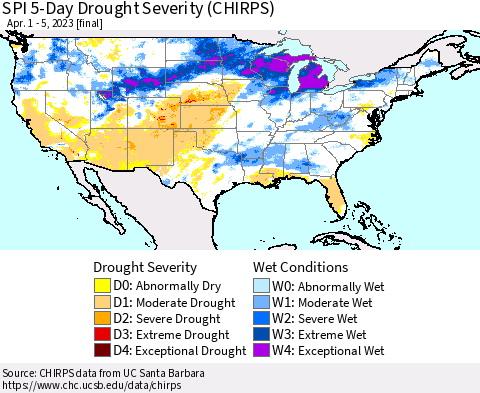 United States SPI 5-Day Drought Severity (CHIRPS) Thematic Map For 4/1/2023 - 4/5/2023