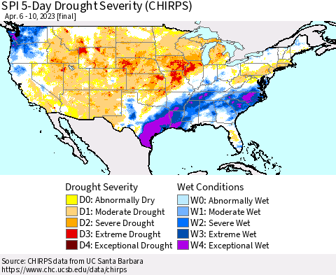 United States SPI 5-Day Drought Severity (CHIRPS) Thematic Map For 4/6/2023 - 4/10/2023