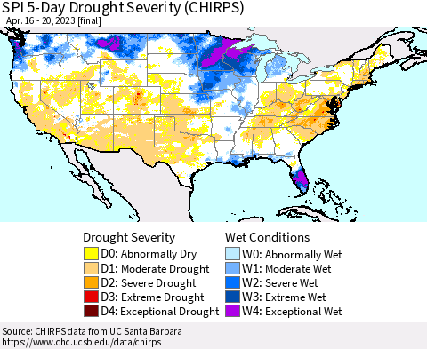 United States SPI 5-Day Drought Severity (CHIRPS) Thematic Map For 4/16/2023 - 4/20/2023