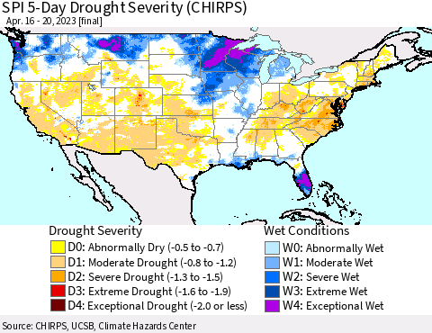 United States SPI 5-Day Drought Severity (CHIRPS) Thematic Map For 4/16/2023 - 4/20/2023