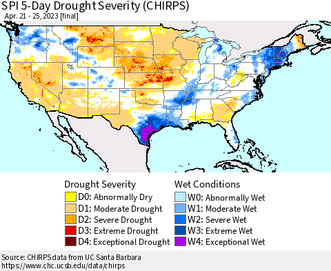United States SPI 5-Day Drought Severity (CHIRPS) Thematic Map For 4/21/2023 - 4/25/2023