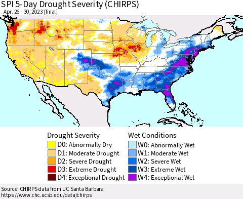 United States SPI 5-Day Drought Severity (CHIRPS) Thematic Map For 4/26/2023 - 4/30/2023