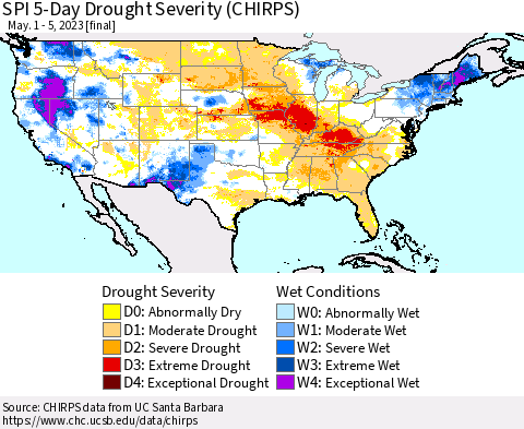 United States SPI 5-Day Drought Severity (CHIRPS) Thematic Map For 5/1/2023 - 5/5/2023