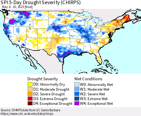United States SPI 5-Day Drought Severity (CHIRPS) Thematic Map For 5/6/2023 - 5/10/2023