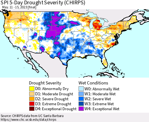United States SPI 5-Day Drought Severity (CHIRPS) Thematic Map For 5/11/2023 - 5/15/2023