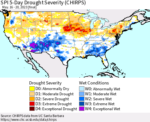 United States SPI 5-Day Drought Severity (CHIRPS) Thematic Map For 5/16/2023 - 5/20/2023