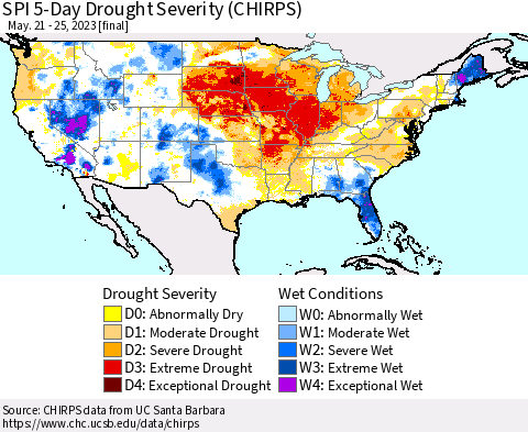 United States SPI 5-Day Drought Severity (CHIRPS) Thematic Map For 5/21/2023 - 5/25/2023