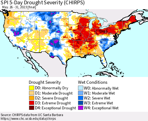United States SPI 5-Day Drought Severity (CHIRPS) Thematic Map For 5/26/2023 - 5/31/2023