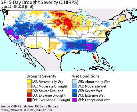 United States SPI 5-Day Drought Severity (CHIRPS) Thematic Map For 6/11/2023 - 6/15/2023