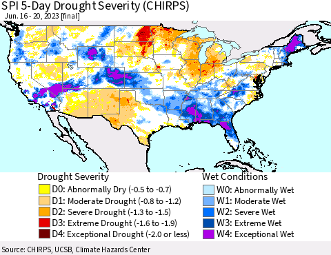 United States SPI 5-Day Drought Severity (CHIRPS) Thematic Map For 6/16/2023 - 6/20/2023