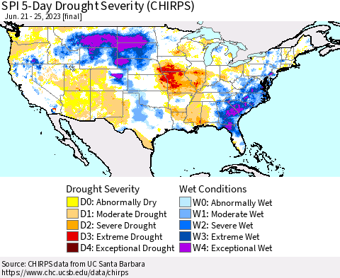 United States SPI 5-Day Drought Severity (CHIRPS) Thematic Map For 6/21/2023 - 6/25/2023