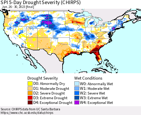 United States SPI 5-Day Drought Severity (CHIRPS) Thematic Map For 6/26/2023 - 6/30/2023