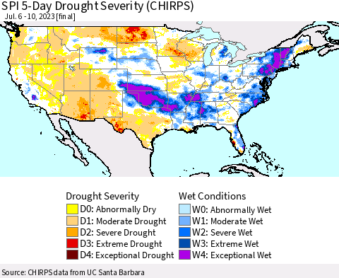 United States SPI 5-Day Drought Severity (CHIRPS) Thematic Map For 7/6/2023 - 7/10/2023
