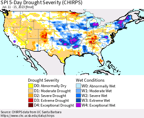 United States SPI 5-Day Drought Severity (CHIRPS) Thematic Map For 7/11/2023 - 7/15/2023