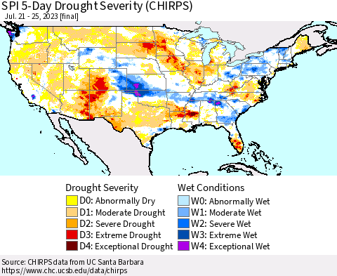 United States SPI 5-Day Drought Severity (CHIRPS) Thematic Map For 7/21/2023 - 7/25/2023