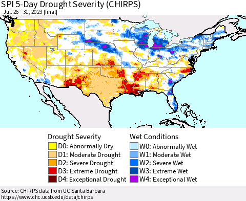 United States SPI 5-Day Drought Severity (CHIRPS) Thematic Map For 7/26/2023 - 7/31/2023