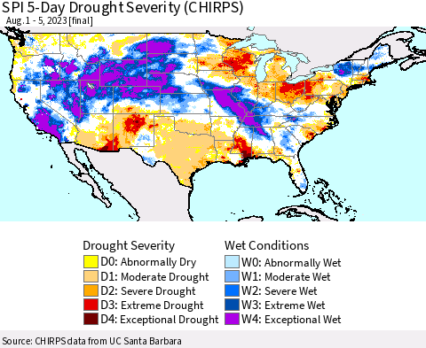 United States SPI 5-Day Drought Severity (CHIRPS) Thematic Map For 8/1/2023 - 8/5/2023