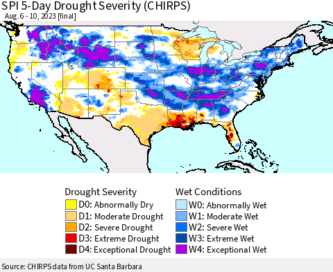 United States SPI 5-Day Drought Severity (CHIRPS) Thematic Map For 8/6/2023 - 8/10/2023