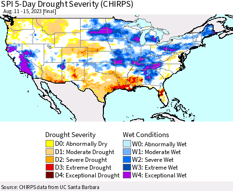 United States SPI 5-Day Drought Severity (CHIRPS) Thematic Map For 8/11/2023 - 8/15/2023