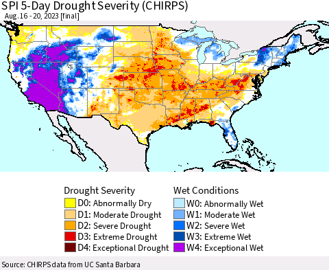United States SPI 5-Day Drought Severity (CHIRPS) Thematic Map For 8/16/2023 - 8/20/2023
