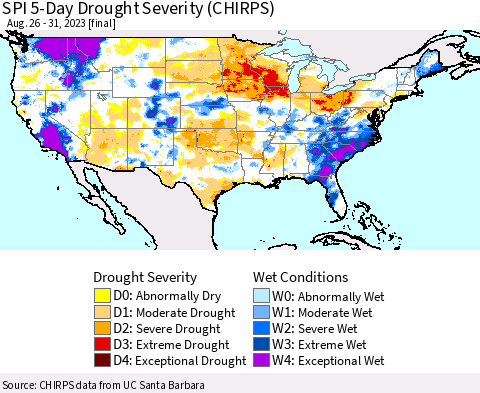 United States SPI 5-Day Drought Severity (CHIRPS) Thematic Map For 8/26/2023 - 8/31/2023