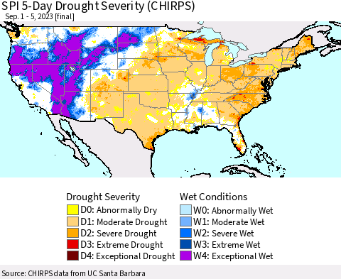 United States SPI 5-Day Drought Severity (CHIRPS) Thematic Map For 9/1/2023 - 9/5/2023