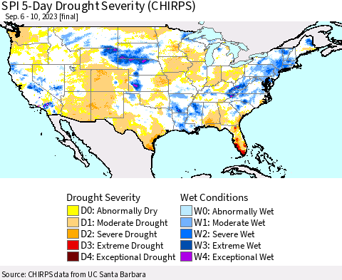 United States SPI 5-Day Drought Severity (CHIRPS) Thematic Map For 9/6/2023 - 9/10/2023