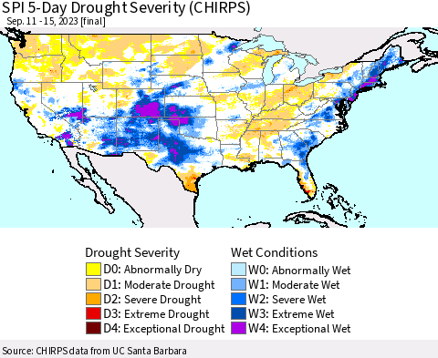 United States SPI 5-Day Drought Severity (CHIRPS) Thematic Map For 9/11/2023 - 9/15/2023