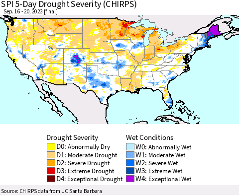 United States SPI 5-Day Drought Severity (CHIRPS) Thematic Map For 9/16/2023 - 9/20/2023