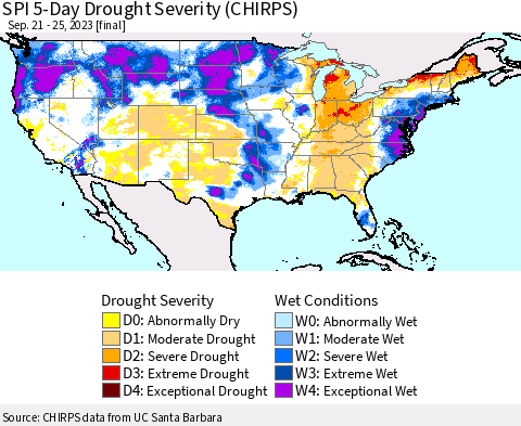 United States SPI 5-Day Drought Severity (CHIRPS) Thematic Map For 9/21/2023 - 9/25/2023
