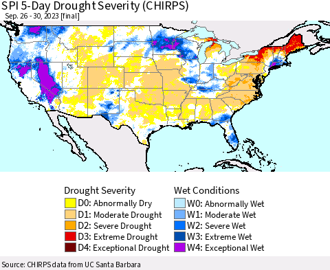 United States SPI 5-Day Drought Severity (CHIRPS) Thematic Map For 9/26/2023 - 9/30/2023