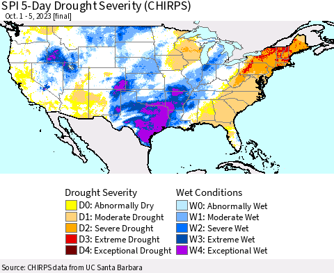 United States SPI 5-Day Drought Severity (CHIRPS) Thematic Map For 10/1/2023 - 10/5/2023