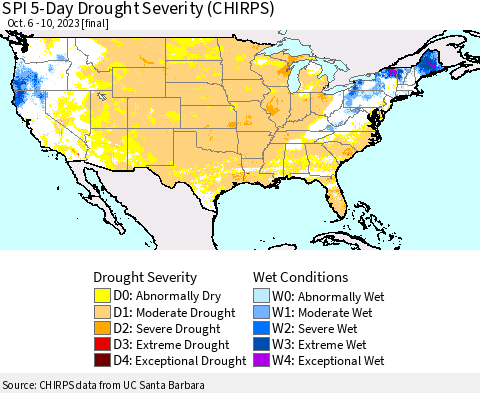 United States SPI 5-Day Drought Severity (CHIRPS) Thematic Map For 10/6/2023 - 10/10/2023