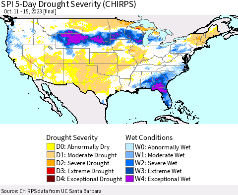 United States SPI 5-Day Drought Severity (CHIRPS) Thematic Map For 10/11/2023 - 10/15/2023