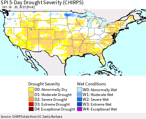 United States SPI 5-Day Drought Severity (CHIRPS) Thematic Map For 10/16/2023 - 10/20/2023