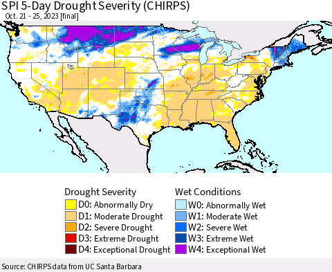 United States SPI 5-Day Drought Severity (CHIRPS) Thematic Map For 10/21/2023 - 10/25/2023