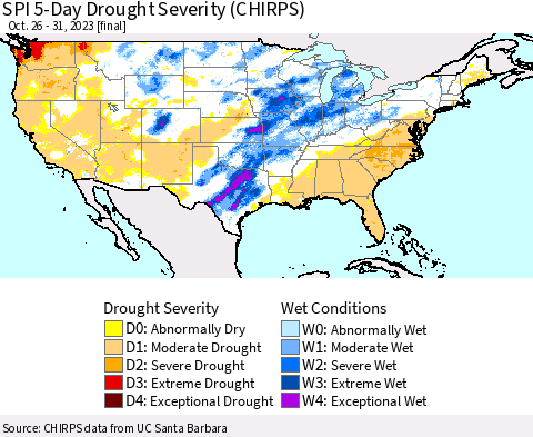 United States SPI 5-Day Drought Severity (CHIRPS) Thematic Map For 10/26/2023 - 10/31/2023